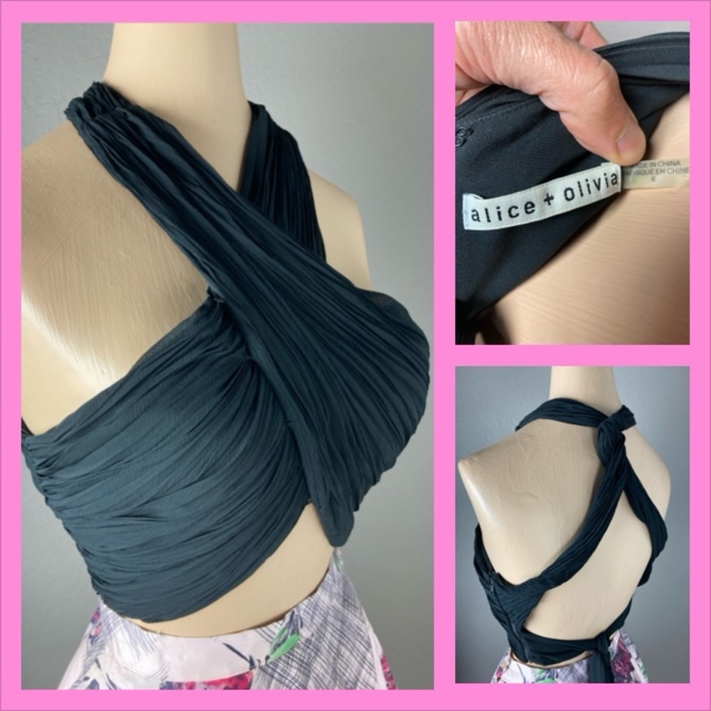 Alice + Olivia Black Chiffon Tracee Crossover Halter Top